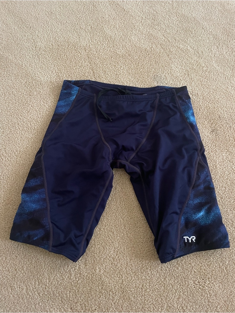 TYR Men’s Navy Blue Swim Jammers with Metallic Blue Side Panels